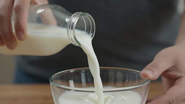 A man pours fresh milk from a glass bottle into a transparent bowl on a wooden table, a kitchen scene in close-up - Powered by Adobe