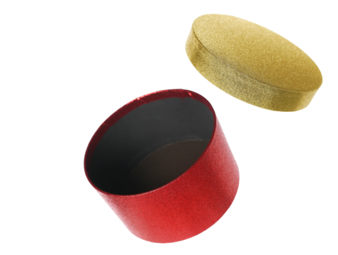 Blank open gift, present red golden box with lid flying, isolated on white background, side view