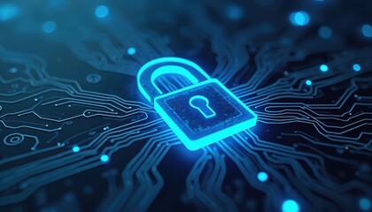 Glowing blue padlock symbol superimposed on digital circuit board, representing cyber security, data protection, network safety. Online privacy, digital identity, encryption concepts visualized.