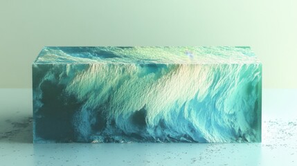 Textured acrylic block with swirling aqua patterns and bright highlights