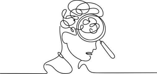 Looking for mental health problem in continuous one line drawing. Magnifying glass and confused feelings and thoughts in head. Psychology concept. one line Icon drawing
