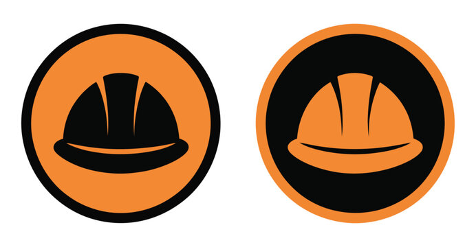  “Construction safety helmet icon set in circular badge design, bold black and orange hard hat symbols representing workplace protection, industrial safety, engineering, labor and hazard awareness gra