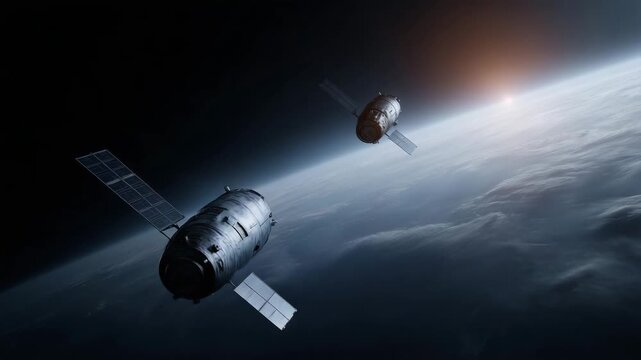 4k Two spacecraft modules performing orbital docking above Earth. One module cylindrical with metallic texture, the other with extended solar panels. Both floating in zero gravity