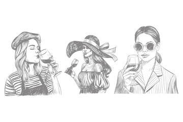 hand drawn wine illustration set featuring stylish women holding wine glasses detailed vintage sketch line art perfect for wine tasting culture design trendy fashion artwork. eps 10