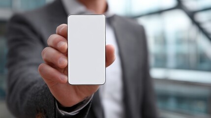 Man holding blank screen smartphone in office