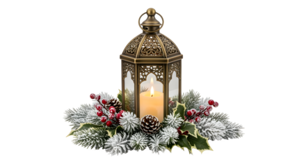 Warm candlelight glows within a decorative lantern surrounded by frosted pine and holly, evoking cozy winter holiday cheer.