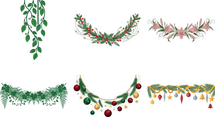 Collection of six different floral garlands isolated on transparent background, perfect for adding a touch of nature