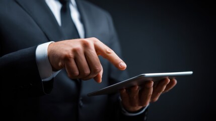 Man in suit using tablet device technology