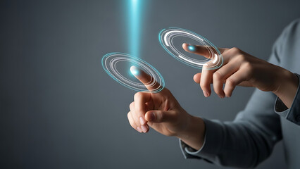 Person interacting with holographic interface displaying glowing digital data