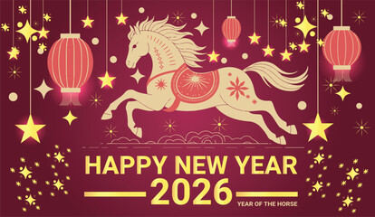 Naklejka premium A vibrant Happy new year 2026 celebration featuring a horse and traditional lanterns