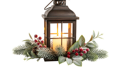 Warm lantern glows with festive greenery and berries, evoking cozy winter holidays.