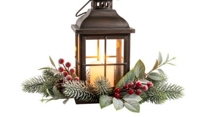 Warm lantern glows with festive greenery and berries, evoking cozy winter holidays.