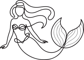 continuous one line drawing of a mermaid fairytale vector illustration. one line Icon drawing