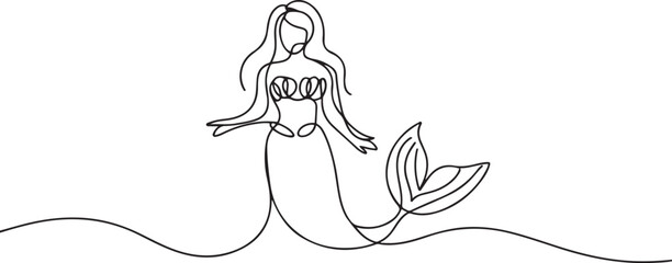 continuous one line drawing of a mermaid fairytale vector illustration. one line Icon drawing