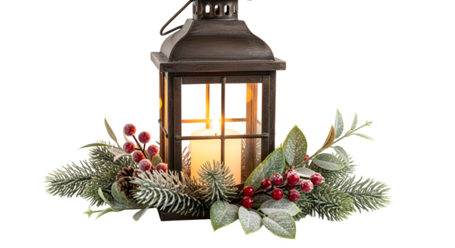 Warm lantern glows with festive greenery and berries, evoking cozy winter holidays.