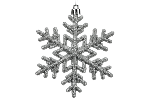 pristine silver glitter snowflake christmas ornament, extreme close-up macro shot, suspended, intense rim lighting highlights crystalline texture against a transparent void. high-end festive winter