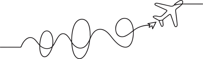 Continuous line art or One Line Drawing of  Airplane line path vector of air plane flight route with start point . one line Icon drawing