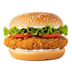 Crispy chicken burger with lettuce and tomato isolated on transparent background