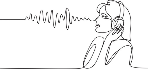continuous line drawing of Woman listening to music. headphones musical sound wave vector. one line Icon drawing