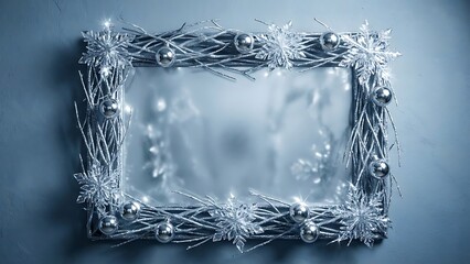 A sparkling frame with winter branches, silver ornaments, and crystal snowflakes on a blue background