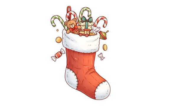 A festive Christmas stocking overflowing with holiday treats and toys, bringing joy and anticipation.