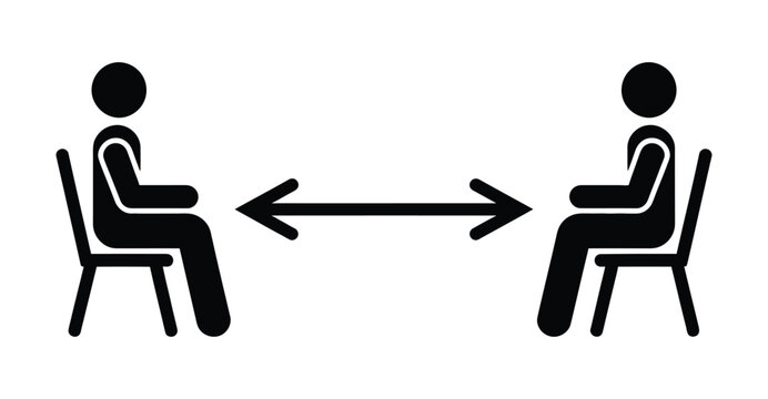  “Social distancing seating icon showing two people sitting apart with arrows indicating safe distance, minimal black silhouette symbol for public safety, health guidelines, and pandemic awareness sig