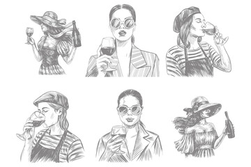 holding wine glass an young woman isolated hand drawn sketch illustration. woman pours wine into decanter holds glass savors the aroma elements for wine culture design. Eps 10