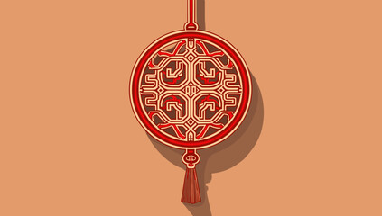 Red circular lucky knot ornament with intricate lines and tassel casting soft shadow for lunar new year