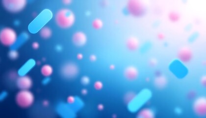 Abstract background of soft pink spheres and blue capsules floating in a gradient blue and white light