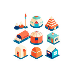 Isometric collection of unique building designs on transparent background