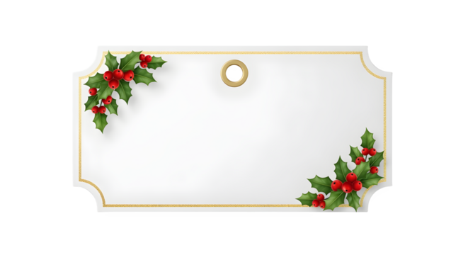 Festive blank gift tag adorned with holly for holiday greetings and seasonal messages.