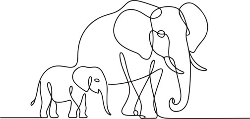 continuous line drawing of elephants wildlife vector illustration. one line Icon drawing