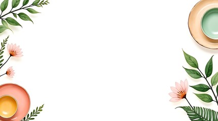 Create a fresh modern design with this elegant floral and dish arrangement on a clean white backdrop