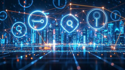 Futuristic digital cityscape with glowing cyber icons representing technology and connectivity