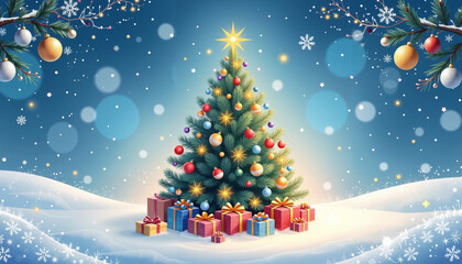 Obraz premium Decorative Christmas tree with presents and festive mood on snowy background