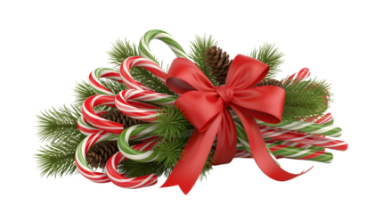 Festive candy cane bouquet tied with a bright red ribbon and adorned with pine branches and cones.
