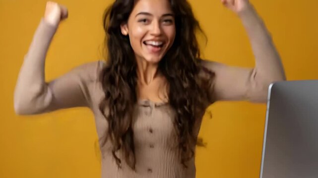 Portrait of enthusiastic Hispanic young woman celebrating success while working at a desk with a yellow background