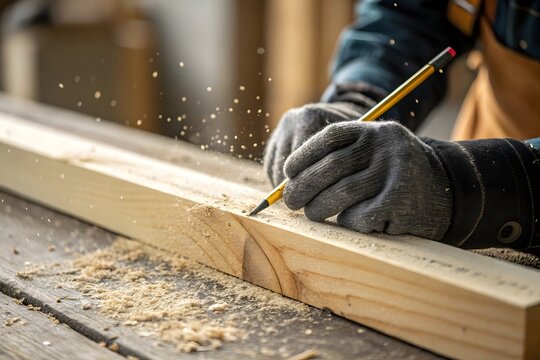 Carpenter wearing gloves marks a wooden beam with a pencil in a workshop