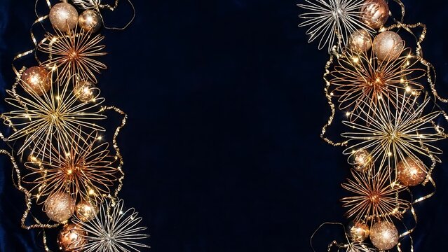 Elegant gold and bronze Christmas decorations with sparkling lights on a dark blue background.