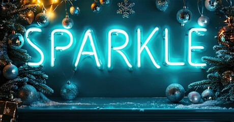 Bright neon sign spells SPARKLE. Festive winter scene with fir branches, ornaments, snowflakes. Dark background enhances glowing effect.