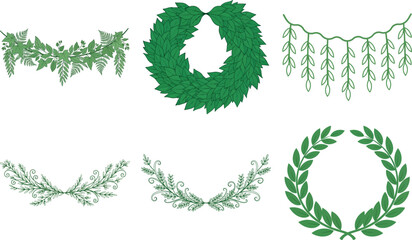 Set of six decorative green garlands isolated on transparent background, perfect for adding a touch of nature to designs