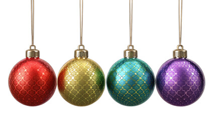 Christmas ornaments arranged in horizontal line, each ornament is spherical and has a glossy finish, reflecting light to create a shiny appearance.