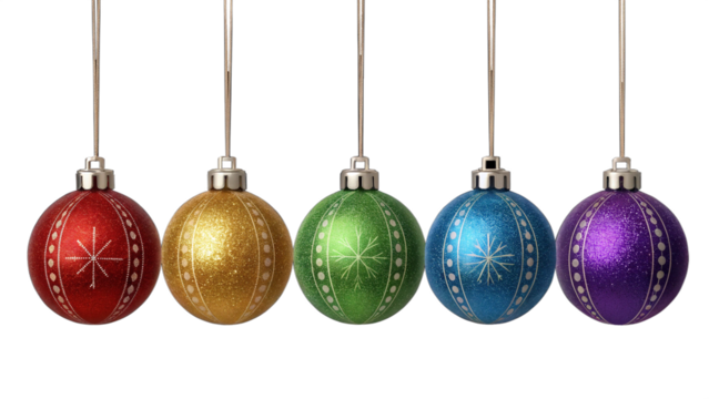 Christmas ornaments arranged in a horizontal line, each ornament is spherical and has glossy finish, reflecting light to create a shiny appearance.