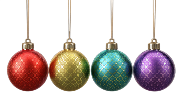 Christmas ornaments arranged in horizontal line, each ornament is spherical and has a glossy finish, reflecting light to create a shiny appearance. - Powered by Adobe