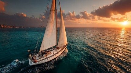 Sailboat cruising on the open ocean at sunset with vibrant sky and calm waters.