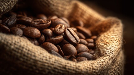Freshly Roasted Coffee Beans in a Rustic Linen Sack on a Dark Background Highlighting Texture and Natural Colors of Premium Arabica Coffee