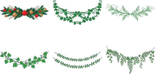 Set of six festive garlands isolated on transparent background, perfect for adding a touch of holiday cheer to any design
