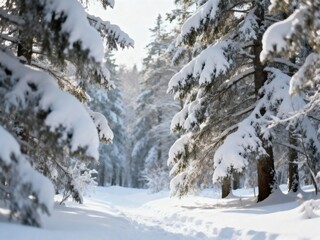 Obraz premium winter forest with snow-covered trees, soft natural light, serene atmosphere, clean composition, high-end landscape photography style