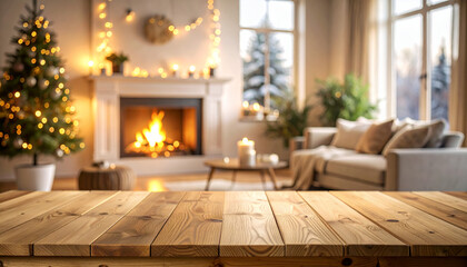 Fototapeta premium Rustic wooden table features in front of a cozy living room with Christmas tree and fireplace.