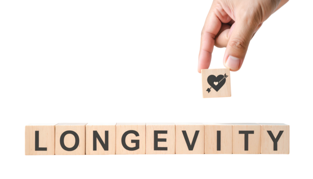 Hand placing heart symbol block above "LONGEVITY" spelling wooden blocks